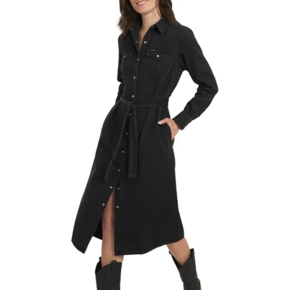 Women's Black Denim Midi Dress with Pockets and Pearl Snaps